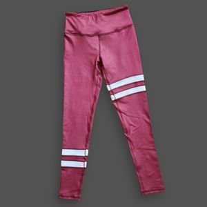 Burgundy/White Stripe Athletic Leggings, Women's Small